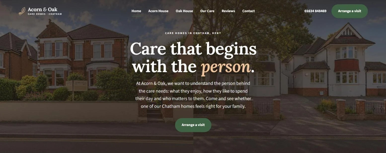 The Acorn & Oak Care Homes website, opening on its two Chatham homes side by side under the headline Care that begins with the person.
